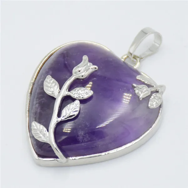 Amethysts Романтический покрытый серебром натуральный камень Lapis розовый кристалл кварца Любовь Сердце цветок кулон для женщин ожерелье ювелирные изделия - Окраска металла: Amethysts