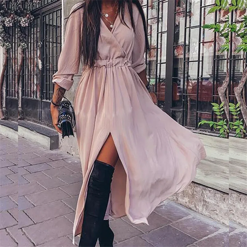 

Women elegant 3/4 sleeve side slit summer dresses woman party night long maxi dress Solid lady frocks evening dresses for women