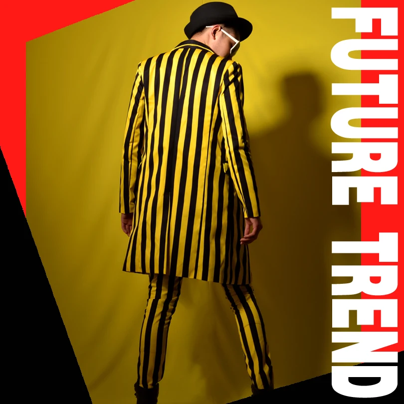 Мужской костюм из 2 предметов желтая черная полоска длинный брюки мужской модный