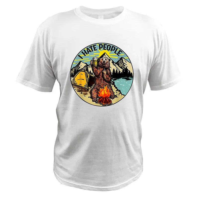 

I Hate People bonfire Camping Bear Men T Shirt Retro Hiking Lovers Summer Tshirt EU Size high quality100% Cotton Soft Cool Tops