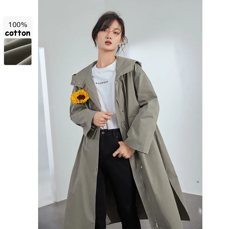 

FANSILANEN 100% cotton Hooded long spring trench coat Women casual loose windbreaker coat Female split fashion oversized trench