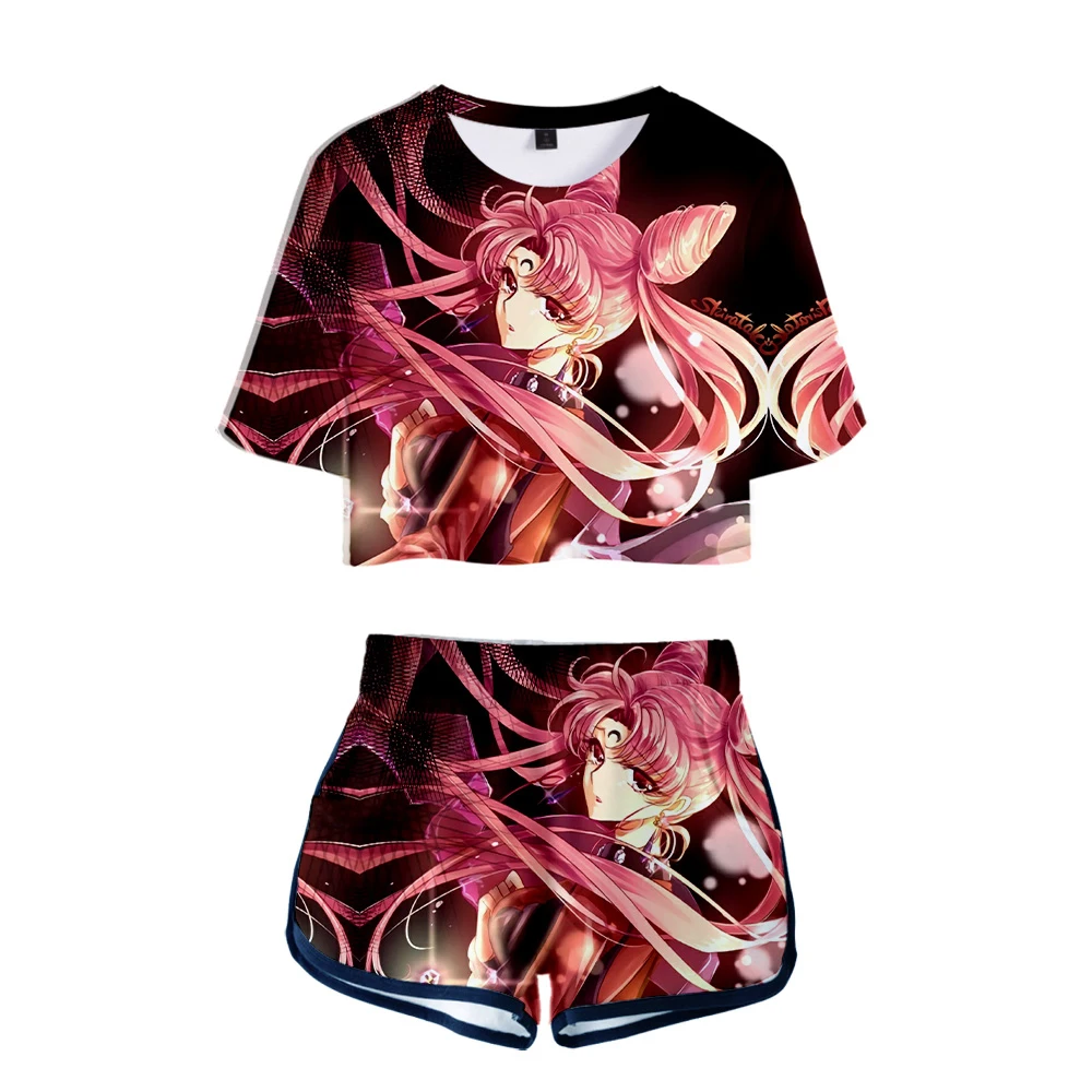

New summer Sailor Moon 3D Exposed Navel t shirt+shorts women's two-piece Casual 3D Print Sailor Moon girl's two-piece sets