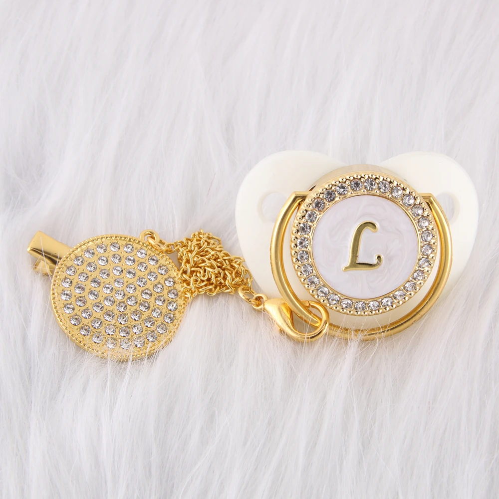 0-12 Month 26 Name Initials Letter Luxury Baby Pacifier With Clips Bling Infant Soother BPA Free Newborn Feeding Sucette Chupeta