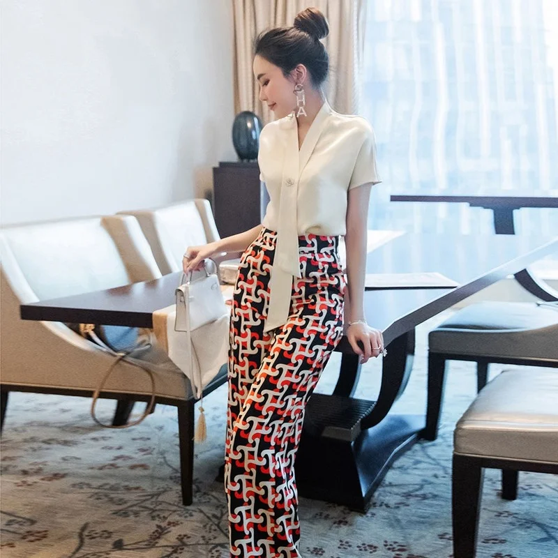 

Summer Elegant Two Piece Set Women Chiffon Short Sleeve Shirt + High Waist Print Wide Leg Pants Sets Lady Trouser Suits Y813