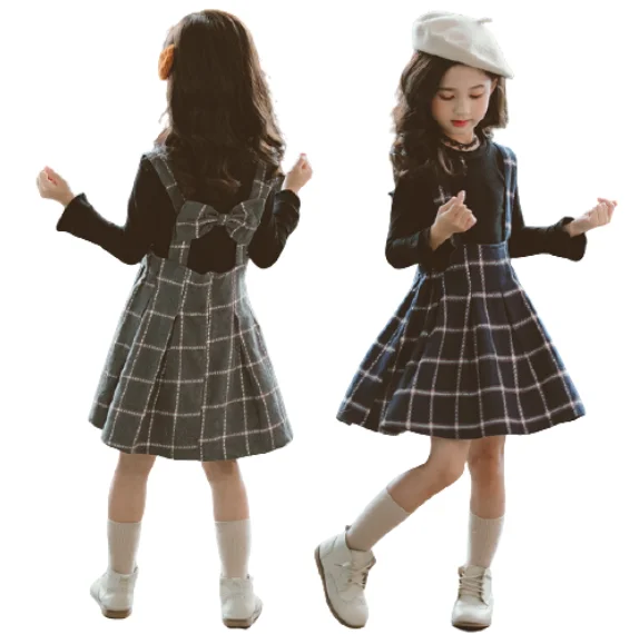 Children Clothing Girls Autumn Set Long Sleeve Shirts + Plaid Straps Dress Suits Two Piece Princess Outfits | Детская одежда и