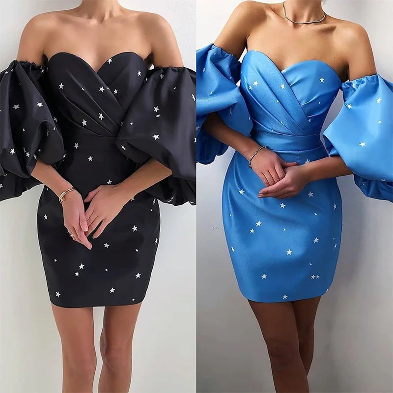 

Off Shoulder Star Print Women Mini Dress Puff Sleeve Backless Femlae Pencil Dresses 2021 Summer Fashion Elegant Ladies Vestidos