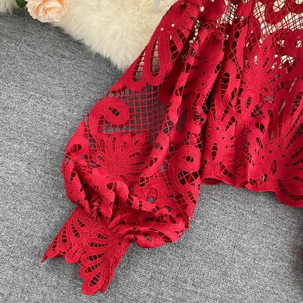 

Women's Lace Shirts Hollowed Out Spring2021New Tops Europe Stand Full Sleeves Loose Sexy Short Shirts Office Lady Blended Solid