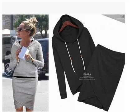 

2 piece set women long sleeve hooded package buttocks coat + irregular skirts two piece set tracksuit women clothes BLK1499