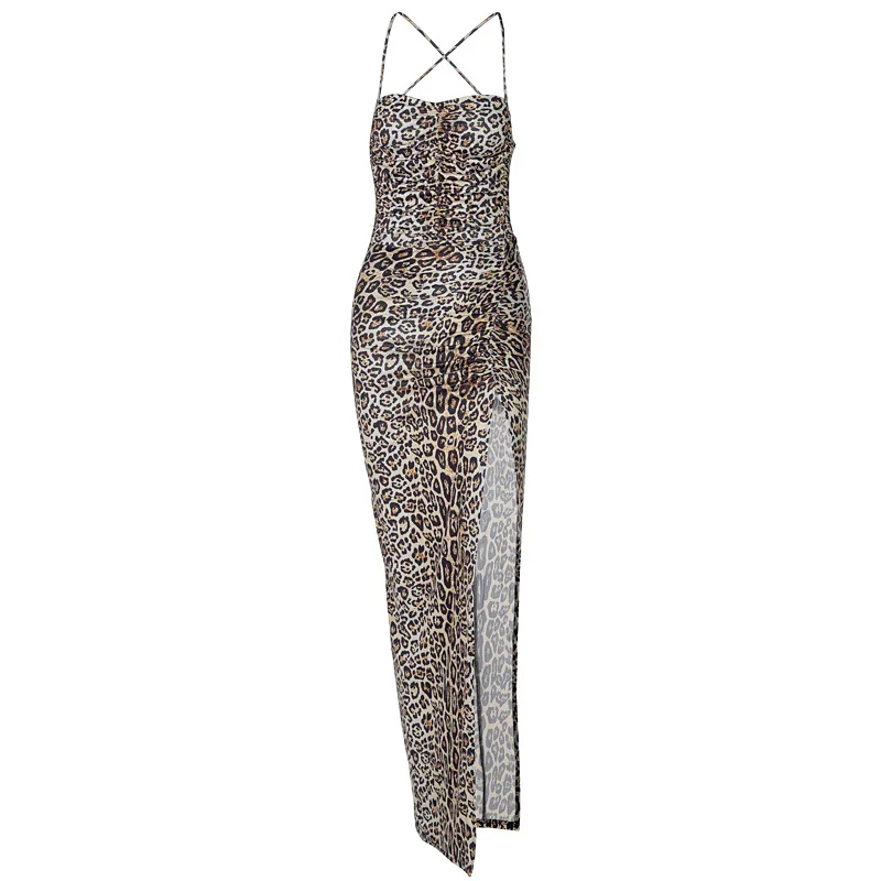 

Leopard Print Slit Sexy Maxi Dress 2021 Summer Women Sleeveless Backless Bandage High Waist Elegant Casual Party Club Dress New