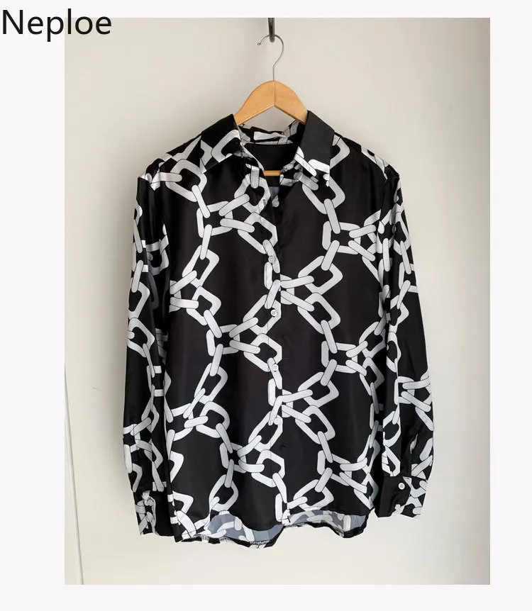 Neploe Корейская шикарная Ретро блузка с принтом отложной воротник длинный рукав