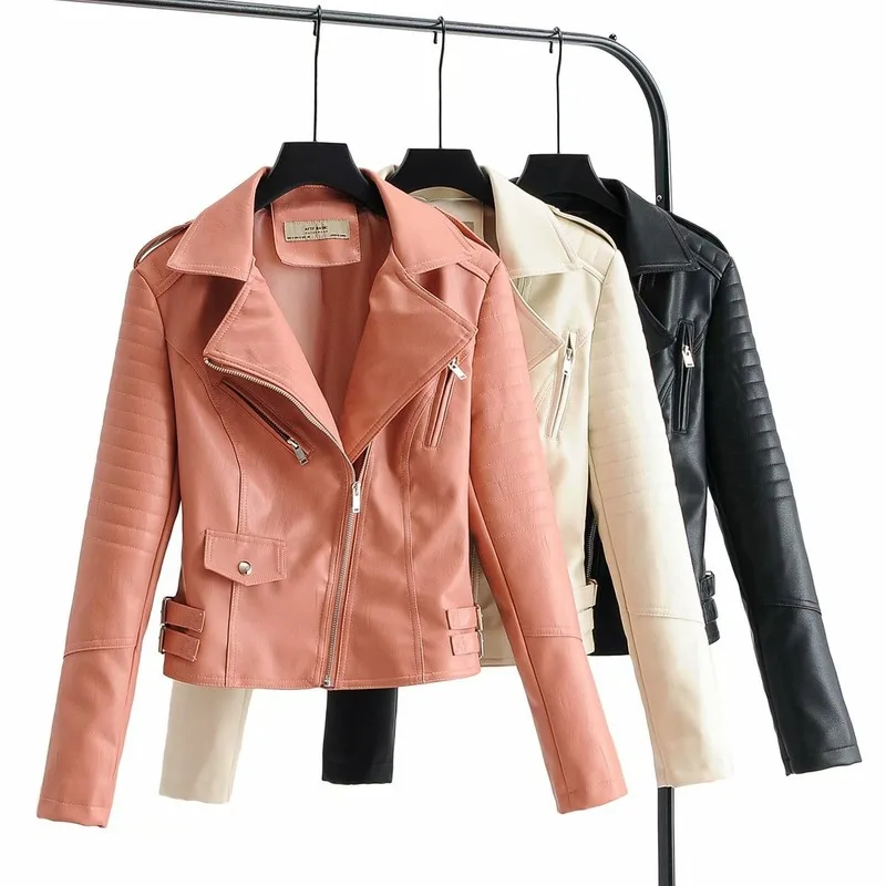 

Women's Biker Moto Faux Leather Jacket 2021 New Spring Autumn Long Sleeve Zipper Short Leather Coat Ladies Streetwear PU Outwear