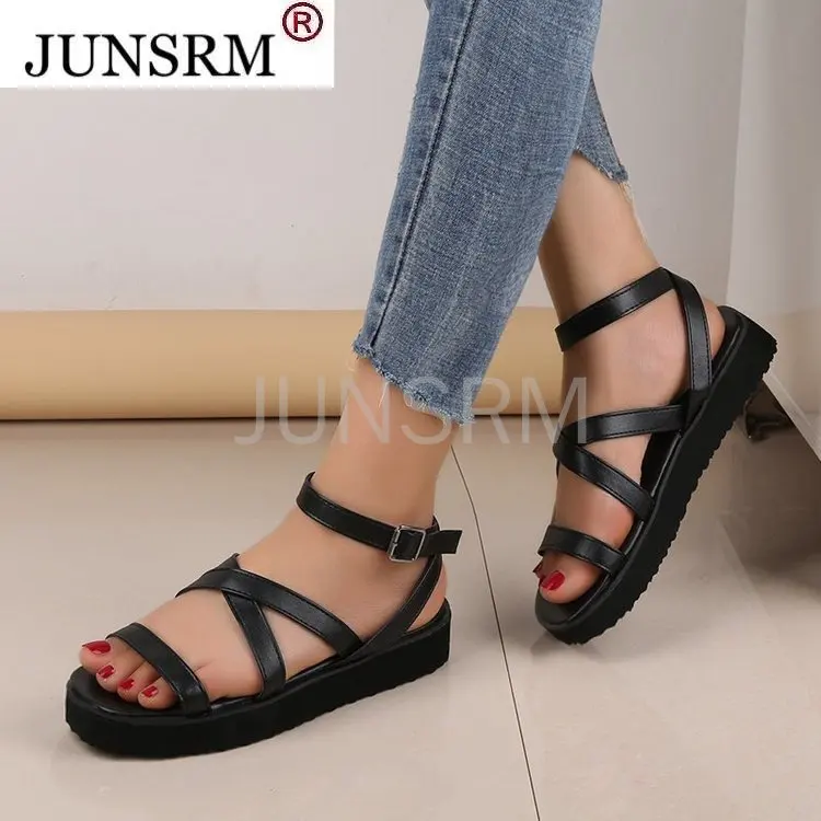 

Women Sandals Flats Shoes Summer PU Ankle Buckle Strap Gladiator Cross Ladies Comfort 2021 Casual Female Plus Size Woman Shoe