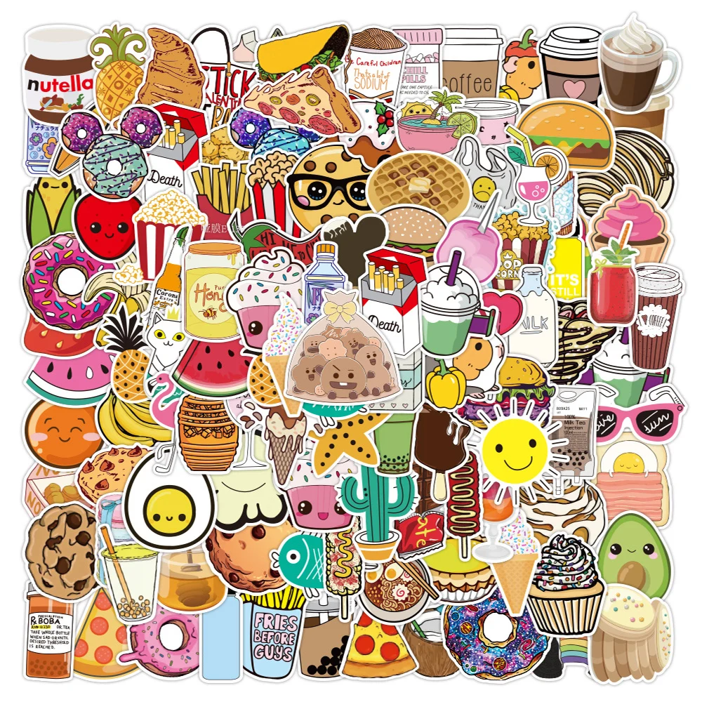 

10/30/50/100PCS Cute Food Cartoon Graffiti Stickers Decal Aesthetic Laptop Phone Guitar Fridge Bike Waterproof Kid Sticker Toy