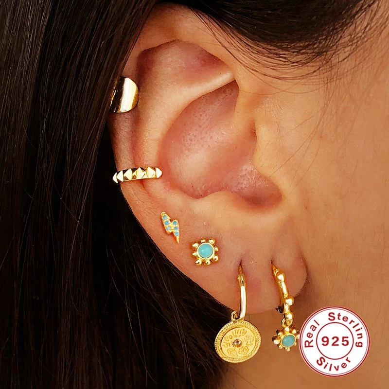 ROXI Bohemia Turquoise Stone Stud Earrings for Women Girls Flower Star Piercing 925 Sterling Silver Jewelry Pendientes | Украшения и