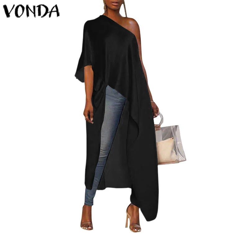 VONDA, Длинная женская блузка, асимметричная туника, сексуальные, с открытыми плечами, вечерние рубашки,, праздничные пляжные топы размера плюс, Blusas Femininas - Цвет: Black