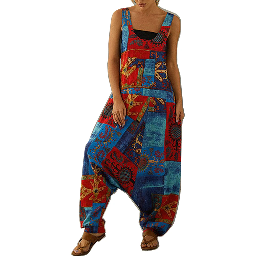 

Women Vintage Loose Jumpsuit Cotton Casual Sleeveless Large Size Straps Trouser Long Jumpsuit Fashion Street Rompers