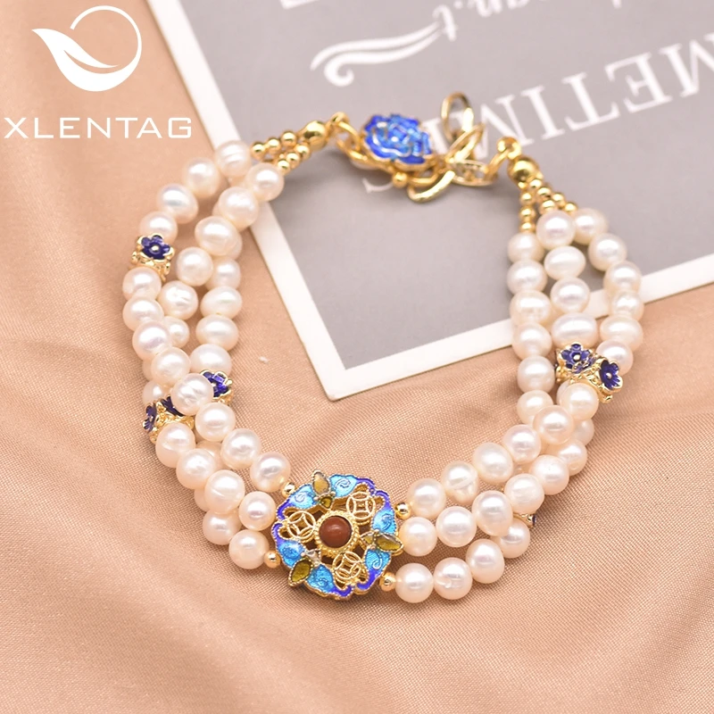 Браслет XlenAg женский из натурального пресноводного белого жемчуга три слоя