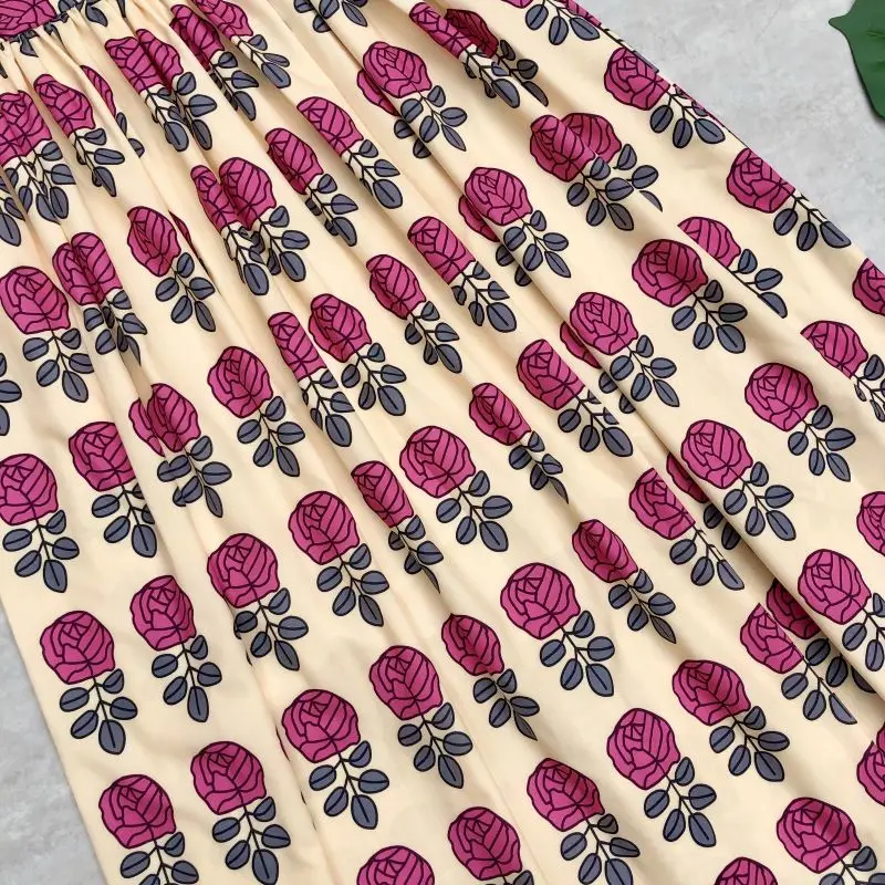 

Women Summer Midi Skirts High Waist Romantic Rose Flower Print Floral Painting A-line Long Skirt Mid Calf Length Casual Style