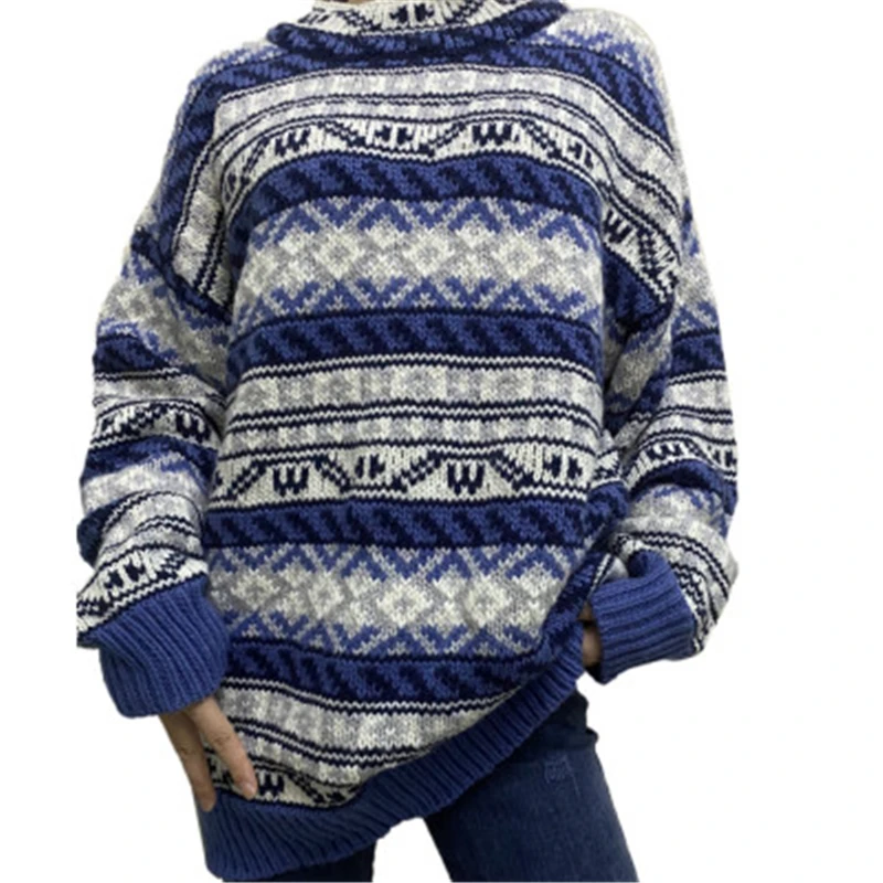 

Blue Jacquard Sweater Women Casual O-neck Striped Thick Knit Pullovers Female Classic Loose Jumpers Tops Autumn Winter 2020