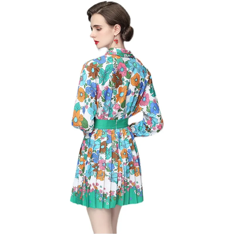 

European and American style spring and summer 2021 women's new style printed shirt + high-waist pleated skirt fashion suit