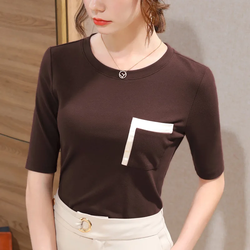 

Женская хлопковая футболка, с контрастным карманом, обтягивающая, элегантная, для офиса