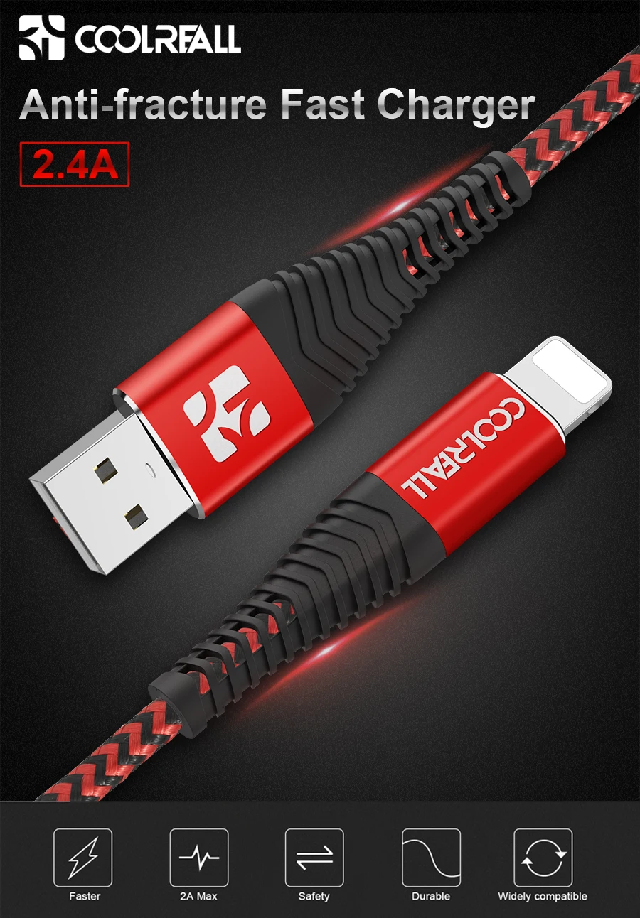 Coolreall USB кабель для iPhone 11 pro max Xr X 8 7 6 plus 6s 5 s plus iPad 2.4A кабель для быстрой зарядки кабель для передачи данных для мобильного телефона
