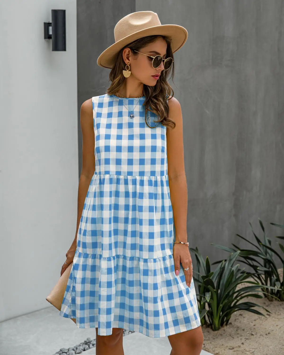 

Europe and America summer dresses casual plus size women summer clothes for women 2020 fashion round neck plaid loose female