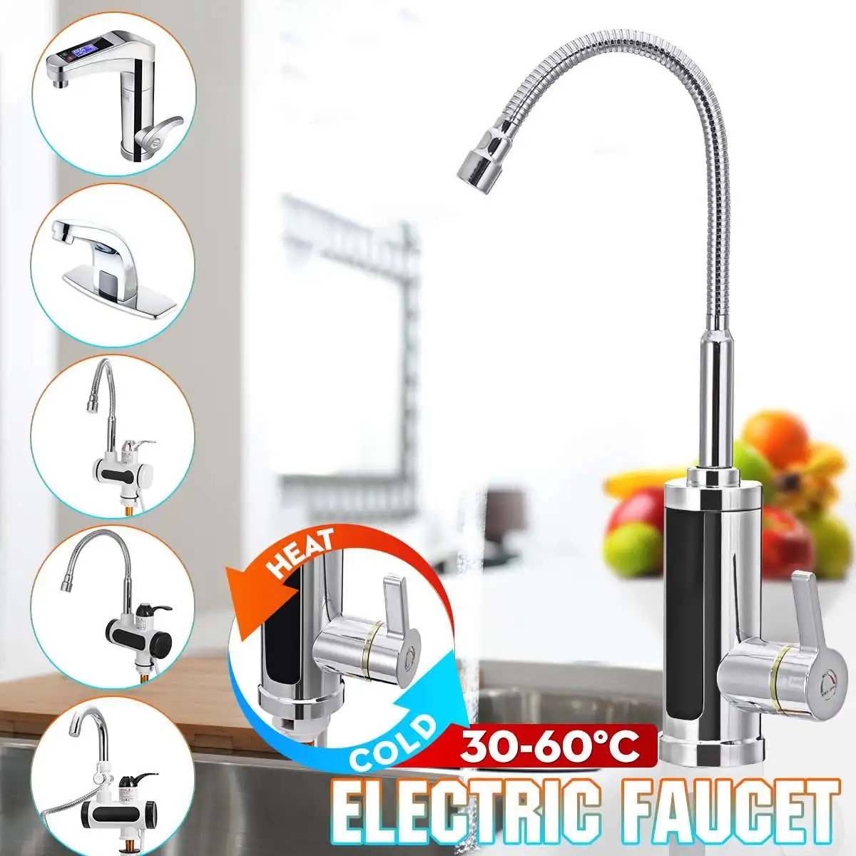 3000W 220V Electric Kitchen Flow Water Heater Tap Instant Hot Water Faucet Heater Cold Heating Tankless Water Heater with LED