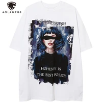 aolamegs harajuku t shirt men masked girl painting printed cotton tops tee summer cozy fashion punk hip hop oversized streetwear