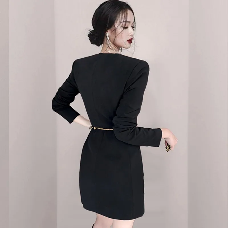 

2021 spring Fashion Woman Professional Temperament Single-breasted long Sleeve Sexy OL Dress with belt