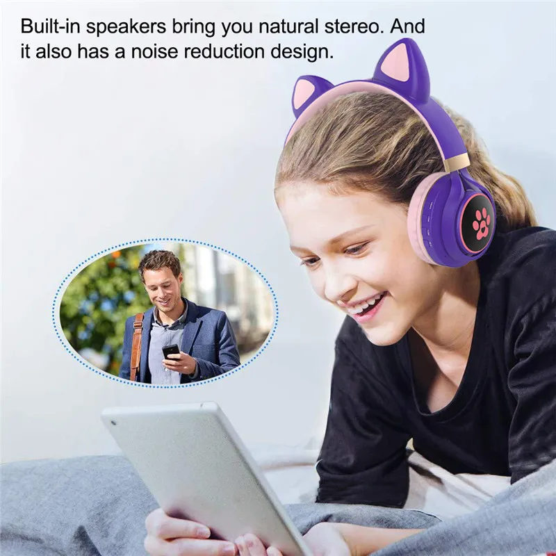 Беспроводные Bluetooth наушники с кошачьими ушками детская гарнитура подсветкой для
