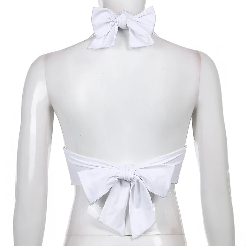 

Rockmore White Halter Corset Tops Lace up Backless Sexy Deep V-neck Solid Harajuku Tees Y2K Streetwear Fashion Camisole Vintage