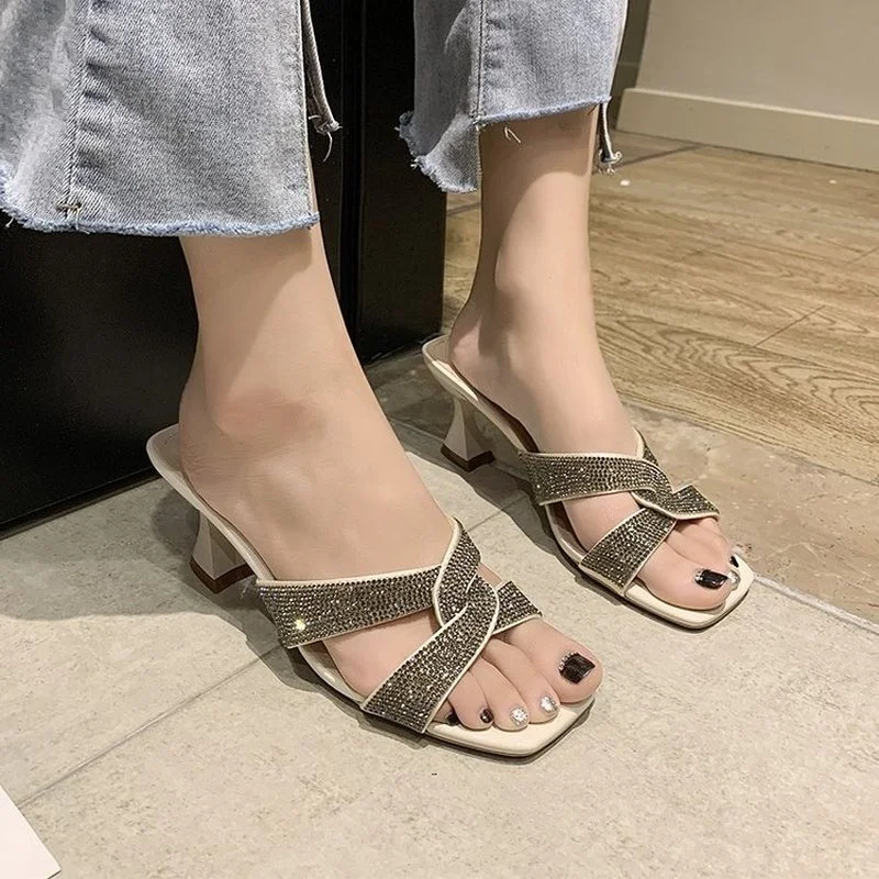 

Casual Summer Women's Slippers Stitching Vamp Fashion All-match Rhinestone Decoration with Heel Sexy Women's Slippers