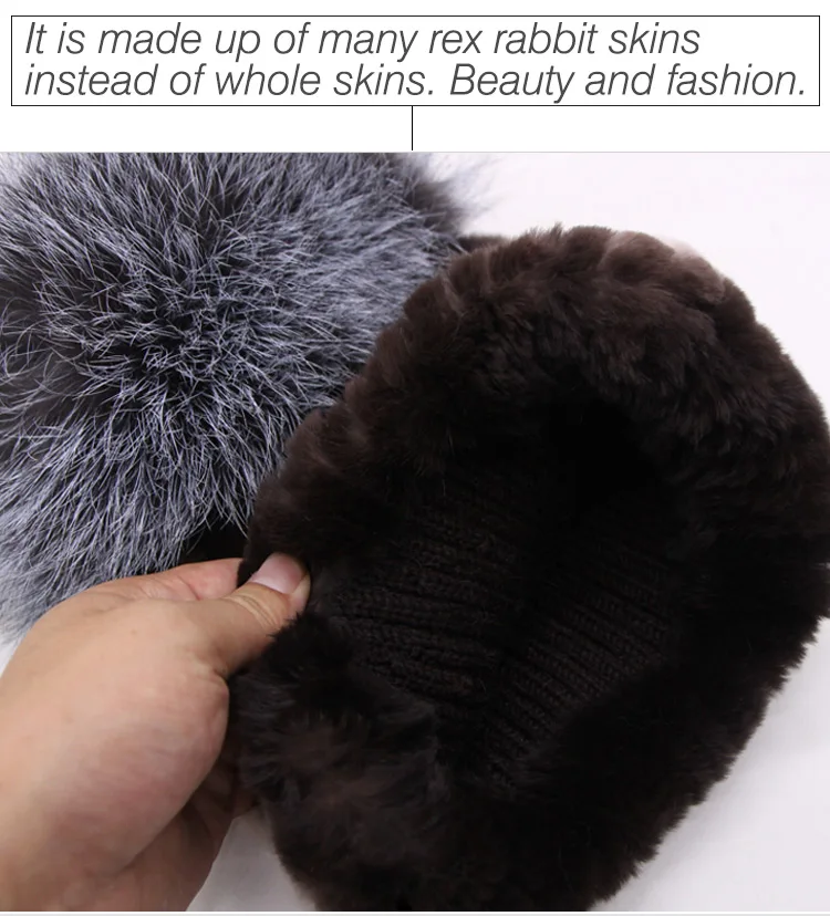 Rex rabbit fur hat female winter fox fur ball thick warm knitted earmuff wool cap