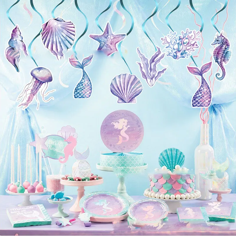 

Mermaid Theme Garlands Pendant Aquatic Shell Seahorse Spiral Girl Mermaid 1st Birthday Party Decor Under The Sea Party DIY Favor