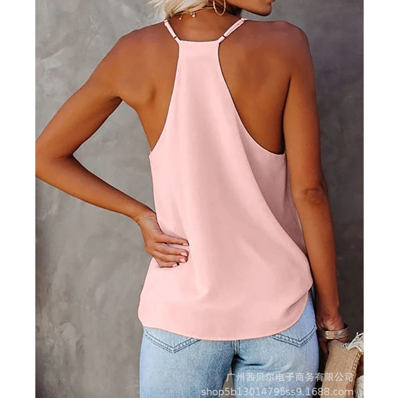 

WEPBEL T-shirt Women's Sexy Loose Solid Color Sleeveless T-shirt Top Summer Fashion V-neck Spaghetti Strap Backless T-shirt