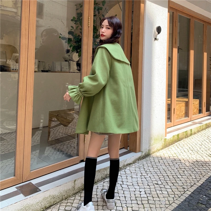 

Wool Blend one size Coat Women Long Sleeve Collar Outwear Long Jacket Korean Casual Autumn Winter Elegant Overcoat Woolen Coat