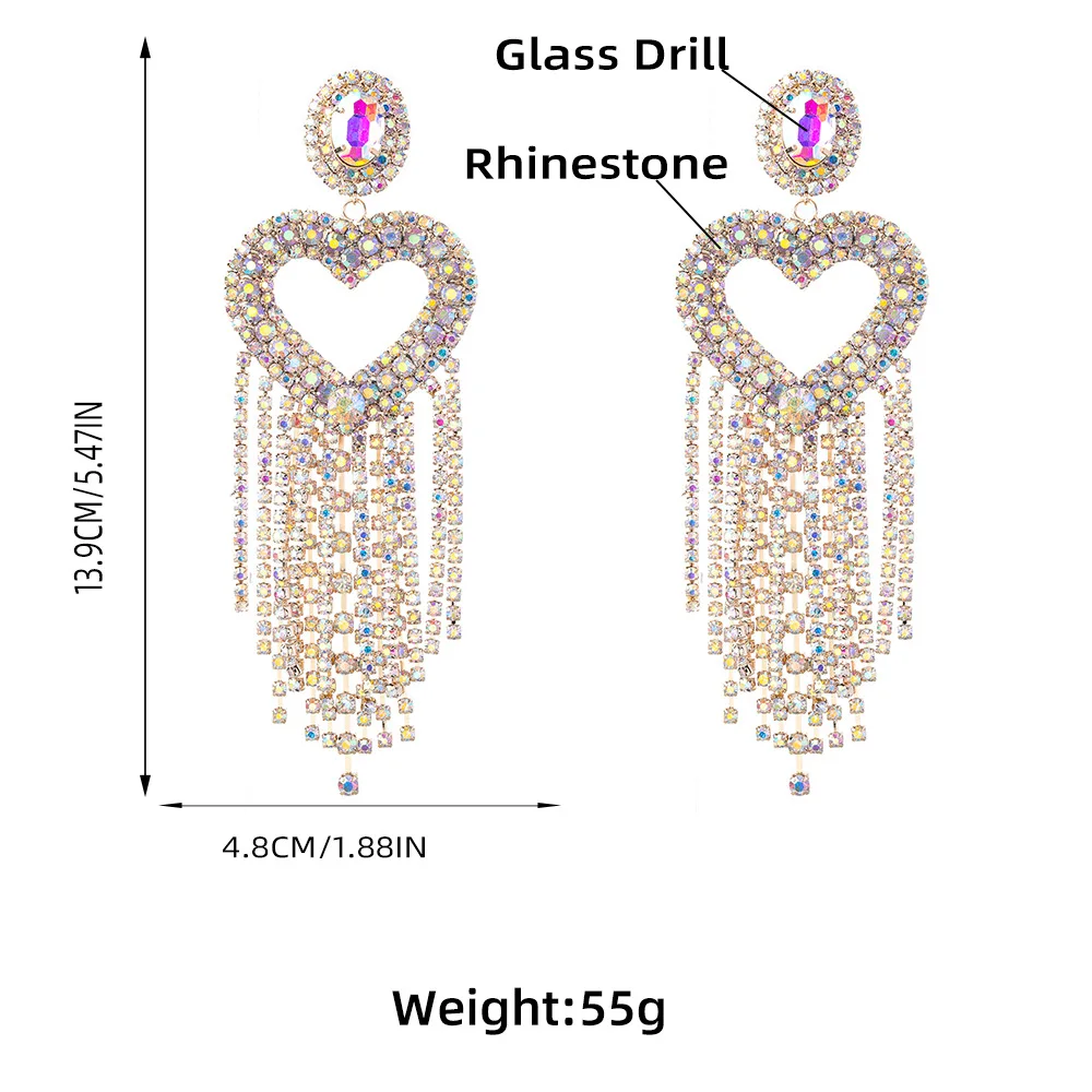 

Iced Out Long Tassel Heart Vintage Drop Earrings For Women Jewelry 2021 Trendy Wedding Accessories Gift Female Big Charm Fashion