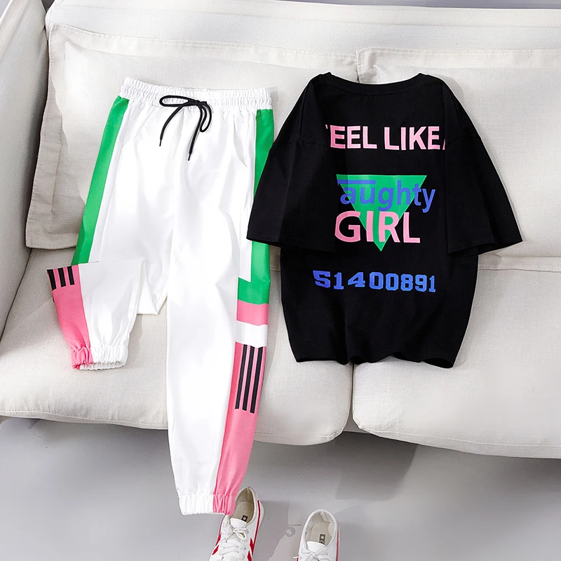 Conjunto de 2 piezas de chándal para mujer, Camiseta holgada con letras estampadas, pantalones de chándal para mujer, 2XL talla grande, novedad de verano 2021