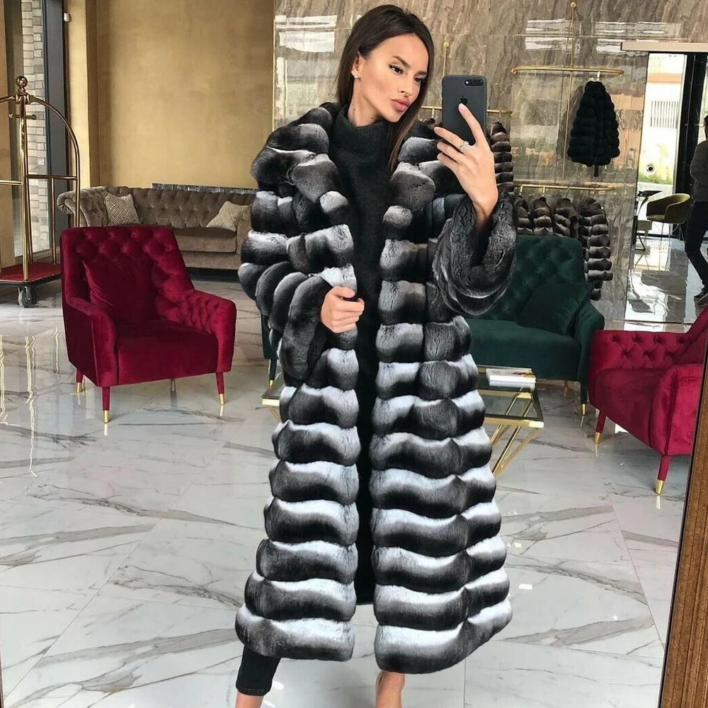 2022 New Trendy Real Rex Rabbit Fur Coat with Turn-down Collar High Quality Genuine Rex Rabbit Fur Coats Natural Fur Overcoats