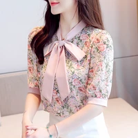 floral bow puffed half sleeve blouses shirts summer new loose chiffon green pink blouses womens clothing top