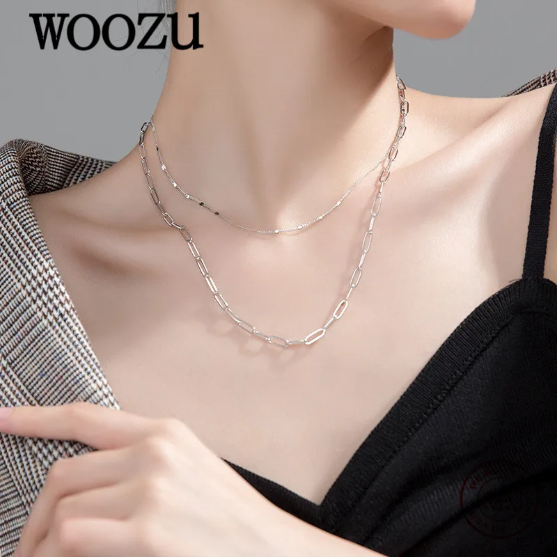 

WOOZU Genuine 925 Sterling Silver Fashion Punk Double Layer Cuban Link Chain Charm Necklace for Women Hip Hop Party Rock Jewelry