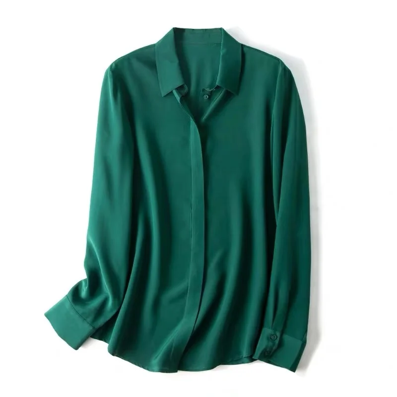 dark green Качественная Однотонная рубашка с воротником из чистого шелка, топ, блузка L XL 2XL YS001 - Цвет: dark green