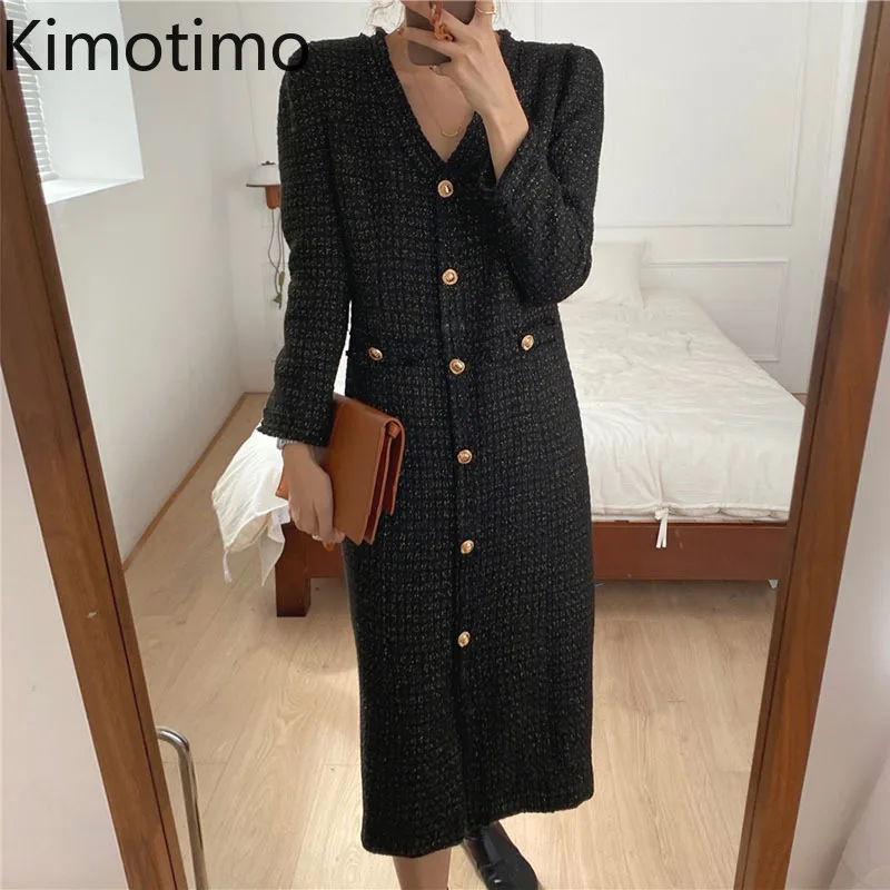 

Платье Kimotimo женское твидовое с длинным рукавом, Элегантное однобортное длинное в стиле пэчворк, с V-образным вырезом и бахромой, во французс...