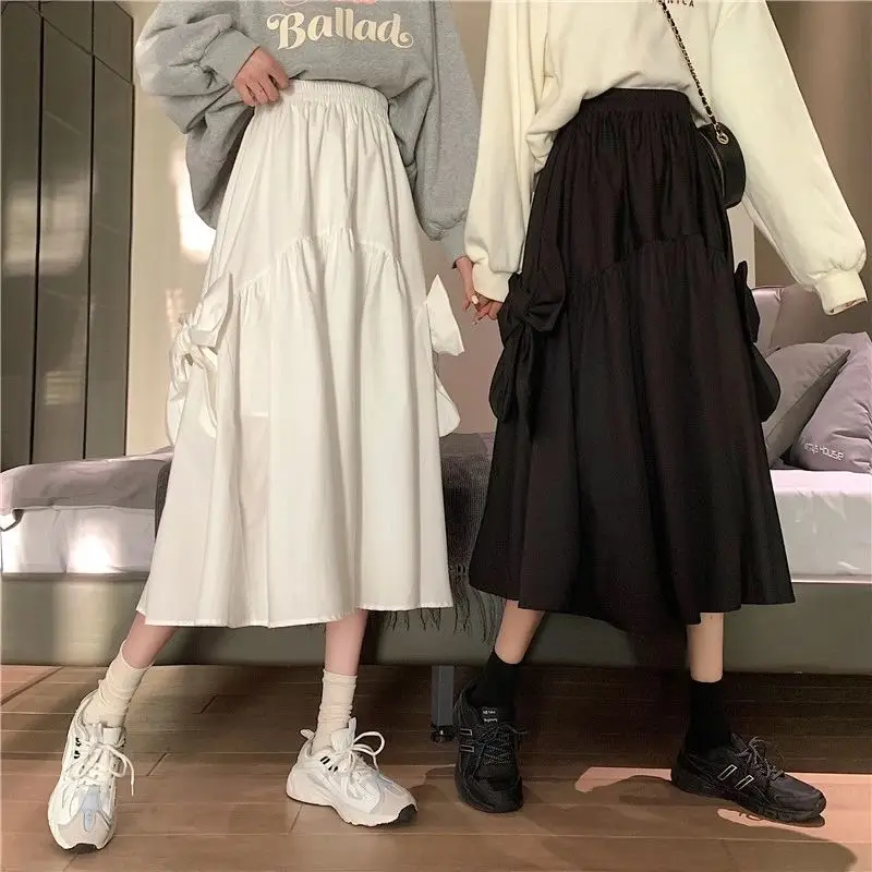 

2021 new skirt women's high waist medium length splicing bow small A-line skirt spring temperament skirt