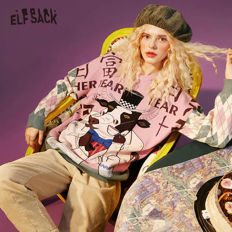 ELFSACK Fox Jacquard Argyle Casual Pullover Knit Sweaters Women,2020 Winter ELF Vintage Korean Ladies Daily Soft Graphic Tops