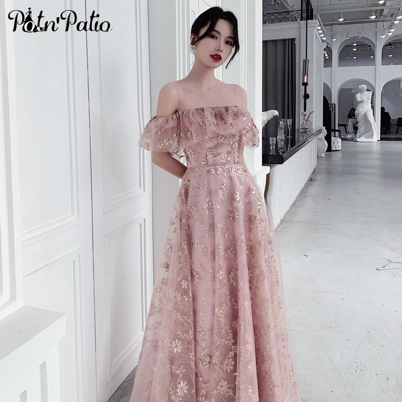 Розовые с блестками вечерние Gonws длинные элегантные гофрированные с открытыми плечами трапециевидные в пол женские вечерние платья размера плюс платья для выпускного вечера