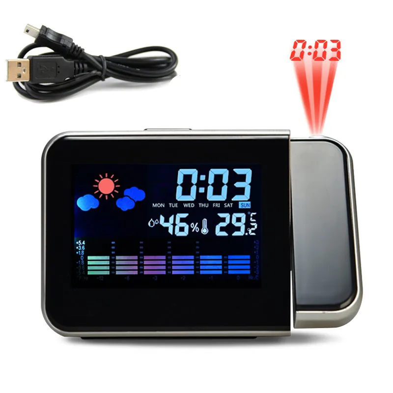 Projection Alarm Clock With Weather Station Thermometer Date Display Digital USB Charger LED | Дом и сад