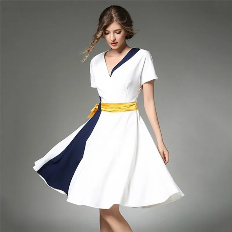 

Women's large swing dress middle waist short sleeve V-neck color matching dress elegant midi white dress vestidos