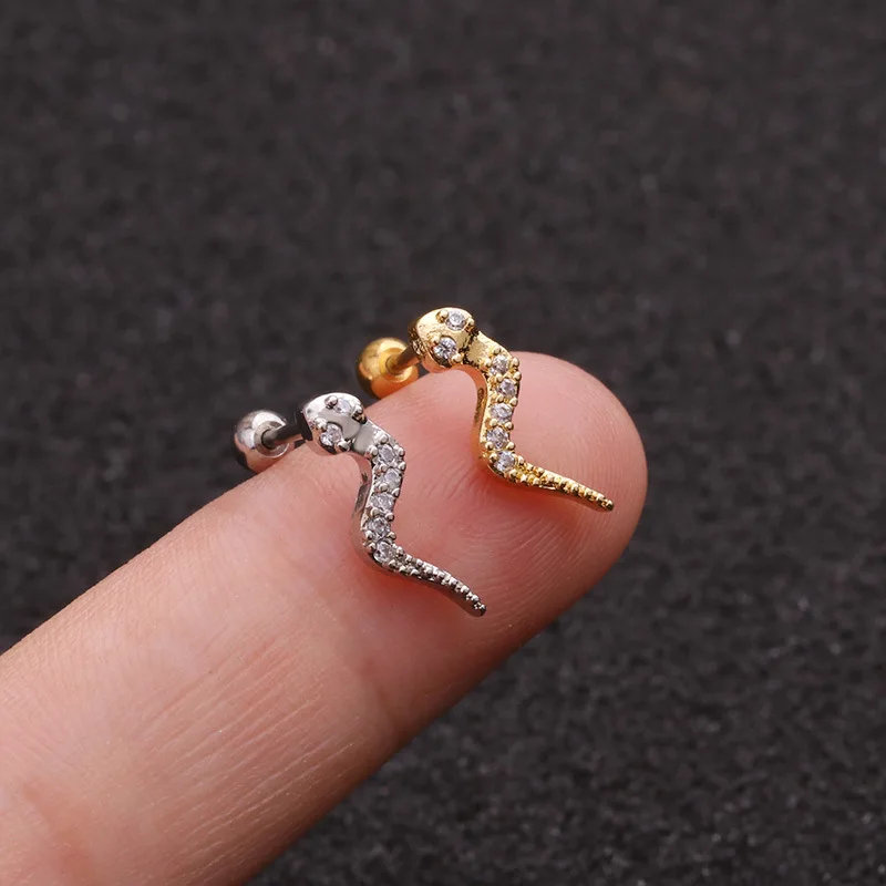 

Piercing Earrings Zircon Korean Snake Stud Earrings Ear Bone Studs Stainless Steel Screw Stud Earrings for Women Jewelry 1PC